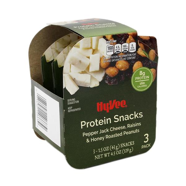 HyVee Protein Snacks Pepper Jack Cheese, Raisins & Honey Roasted Peanuts 3 1.5 oz Snacks Hy