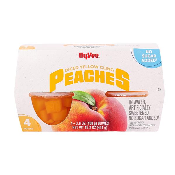 Hy-Vee No Sugar Added Diced Yellow Cling Peaches 4 - 3.8 oz Bowls
