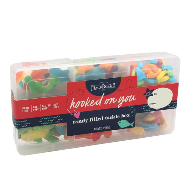 Hooked on you Tackle box with gummy worms and sweedish fish for